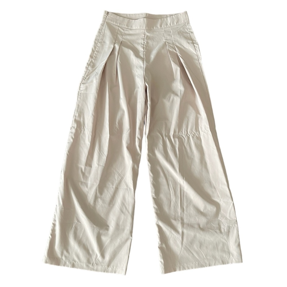 SHEIN Khaki Cream Beige High Rise Waisted Wide Leg Bottoms Pants Lightweight